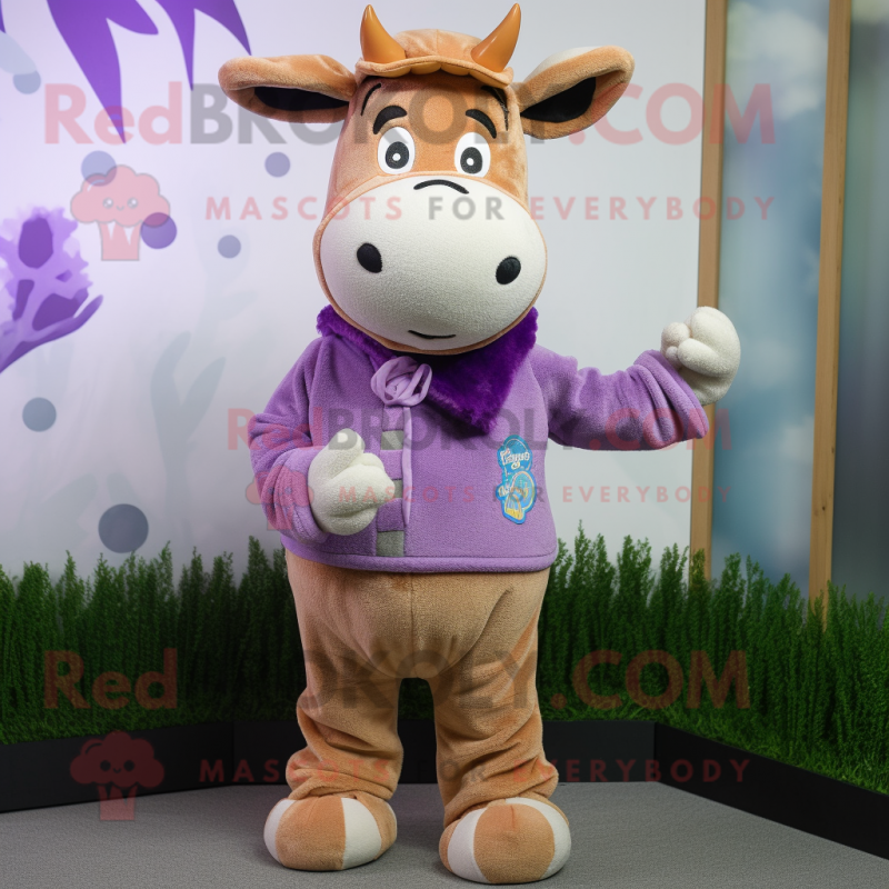 Lavender Jersey Cow mascot costume character dressed with a Bodysuit and Beanies Lavender Jersey Cow mascot costume character dressed with a Bodysuit and Beanies
