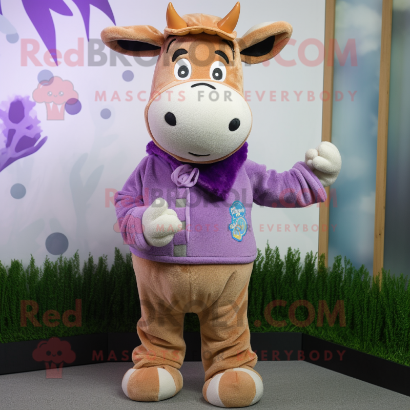 Lavender Jersey Cow mascot costume character dressed with a Bodysuit and Beanies