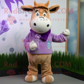 Lavender Jersey Cow mascot costume character dressed with a Bodysuit and Beanies