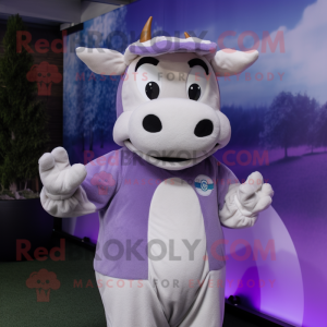 Lavender Jersey Cow mascot costume character dressed with a Bodysuit and Beanies