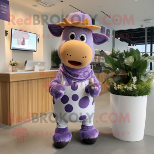 Lavender Jersey Cow mascot costume character dressed with a Bodysuit and Beanies