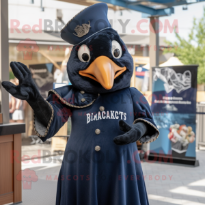 Navy Blackbird mascot costume character dressed with a Maxi Dress and Beanies