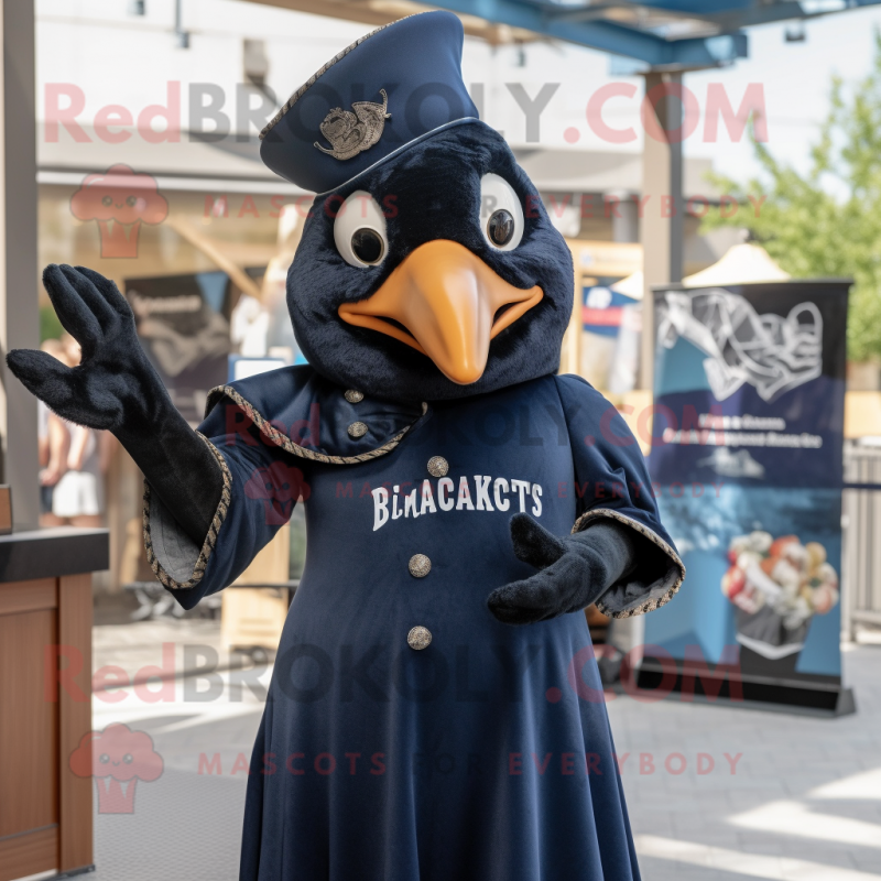 Navy Blackbird mascot costume character dressed with a Maxi Dress and Beanies Navy Blackbird mascot costume character dressed with a Maxi Dress and Beanies