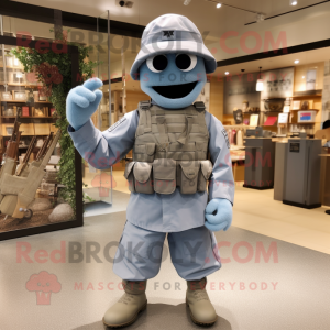 Gray Army Soldier mascot costume character dressed with a Chambray Shirt and Belts