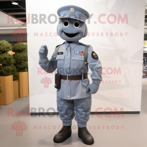 Gray Army Soldier mascot costume character dressed with a Chambray Shirt and Belts