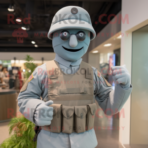 Gray Army Soldier mascot costume character dressed with a Chambray Shirt and Belts