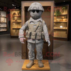 Gray Army Soldier mascot costume character dressed with a Chambray Shirt and Belts