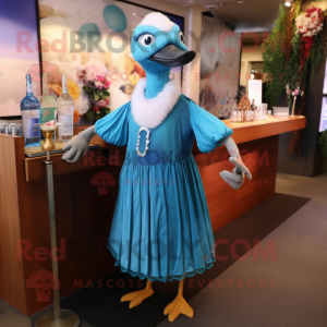 Cyan Geese mascot costume character dressed with a Cocktail Dress and Shawl pins