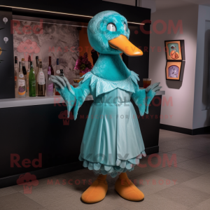 Cyan Geese mascot costume character dressed with a Cocktail Dress and Shawl pins