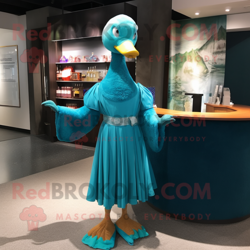 Cyan Geese mascot costume character dressed with a Cocktail Dress and Shawl pins