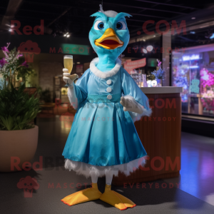 Cyan Geese mascot costume character dressed with a Cocktail Dress and Shawl pins