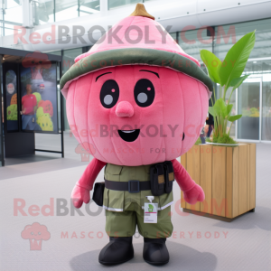 Pink Watermelon mascot costume character dressed with a Cargo Pants and Berets