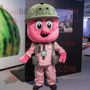 Pink Watermelon mascot costume character dressed with a Cargo Pants and Berets