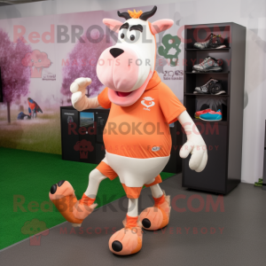 Peach Holstein Cow mascot costume character dressed with a Running Shorts and Handbags