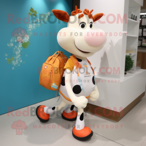 Peach Holstein Cow mascot costume character dressed with a Running Shorts and Handbags