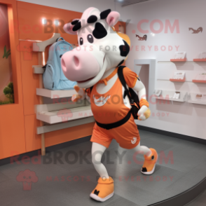 Peach Holstein Cow mascot costume character dressed with a Running Shorts and Handbags