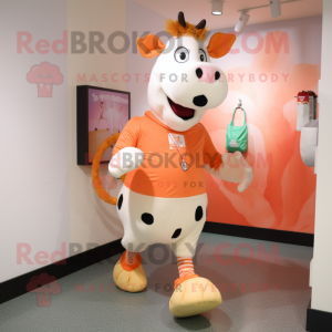 Peach Holstein Cow mascot costume character dressed with a Running Shorts and Handbags