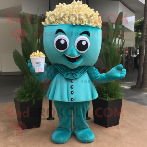 Teal Pop Corn mascot costume character dressed with a Swimwear and Shoe laces