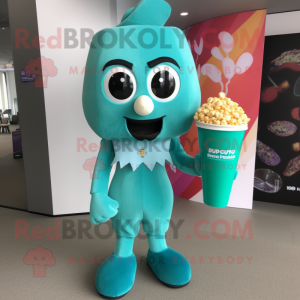 Teal Pop Corn mascot costume character dressed with a Swimwear and Shoe laces