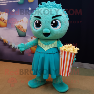 Teal Pop Corn mascot costume character dressed with a Swimwear and Shoe laces