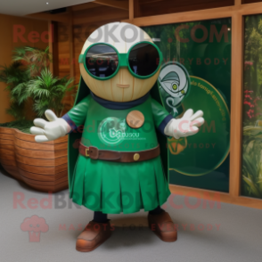 Forest Green Celtic Shield mascot costume character dressed with a Culottes and Sunglasses