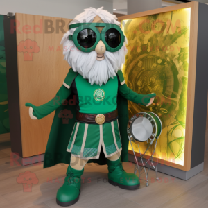 Forest Green Celtic Shield mascot costume character dressed with a Culottes and Sunglasses
