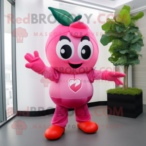 Pink Cherry mascot costume character dressed with a Flare Jeans and Gloves