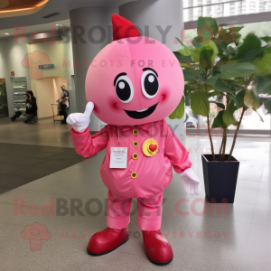 Pink Cherry mascot costume character dressed with a Flare Jeans and Gloves