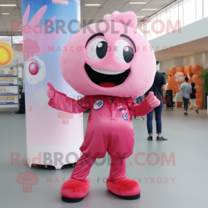 Pink Cherry mascot costume character dressed with a Flare Jeans and Gloves