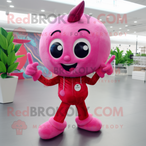 Pink Cherry mascot costume character dressed with a Flare Jeans and Gloves