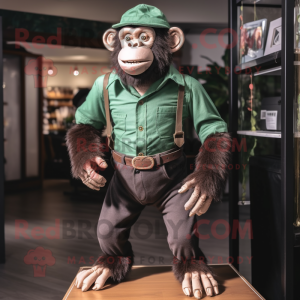 Forest Green Chimpanzee mascot costume character dressed with a Chinos and Suspenders
