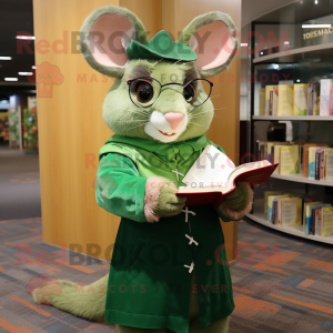 Green Dormouse mascot costume character dressed with a Empire Waist Dress and Reading glasses