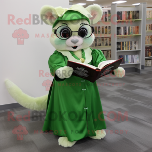 Green Dormouse mascot costume character dressed with a Empire Waist Dress and Reading glasses