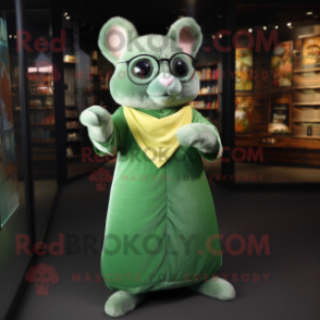 Green Dormouse mascot costume character dressed with a Empire Waist Dress and Reading glasses