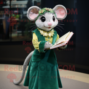 Green Dormouse mascot costume character dressed with a Empire Waist Dress and Reading glasses
