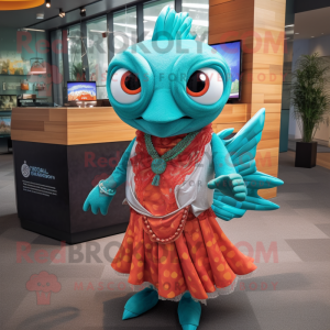 Turquoise Salmon mascot costume character dressed with a Shift Dress and Earrings