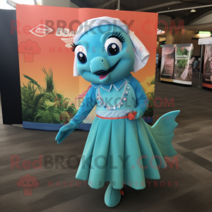 Turquoise Salmon mascot costume character dressed with a Shift Dress and Earrings