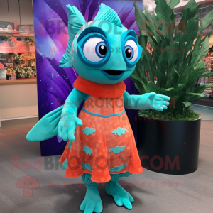 Turquoise Salmon mascot costume character dressed with a Shift Dress and Earrings