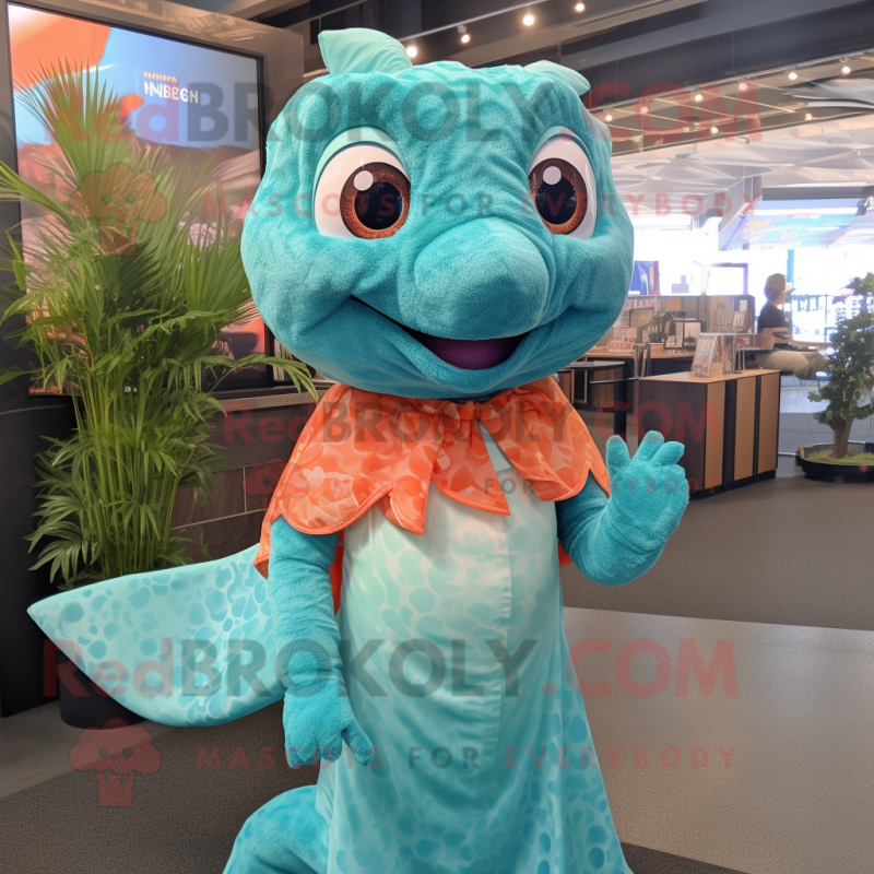 Turquoise Salmon mascot costume character dressed with a Shift Dress and Earrings