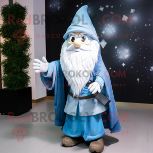 Sky Blue Wizard mascot costume character dressed with a Flannel Shirt and Wraps