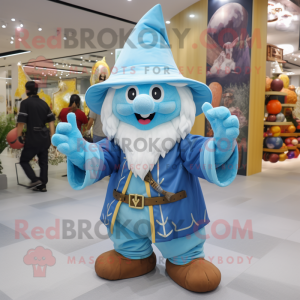 Sky Blue Wizard mascot costume character dressed with a Flannel Shirt and Wraps