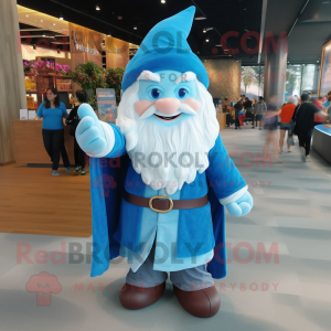 Sky Blue Wizard mascot costume character dressed with a Flannel Shirt and Wraps