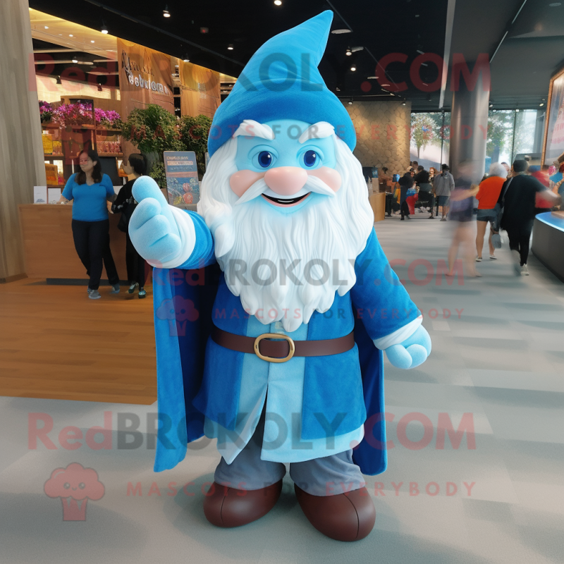 Sky Blue Wizard mascot costume character dressed with a Flannel Shirt and Wraps Sky Blue Wizard mascot costume character dressed with a Flannel Shirt and Wraps