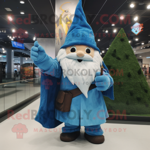 Sky Blue Wizard mascot costume character dressed with a Flannel Shirt and Wraps