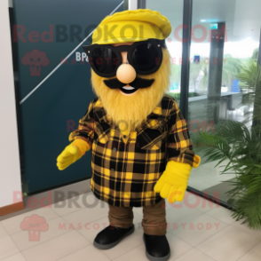 Yellow Pirate mascot costume character dressed with a Flannel Shirt and Sunglasses