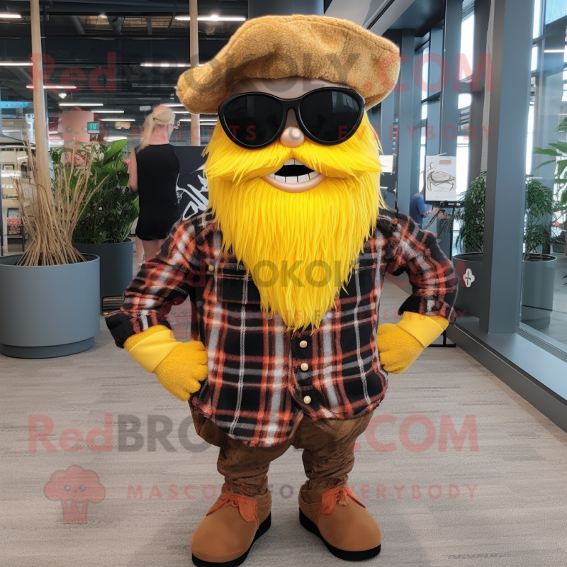 Yellow Pirate mascot costume character dressed with a Flannel Shirt and Sunglasses