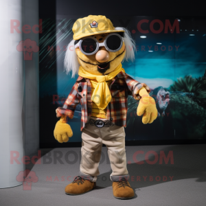 Yellow Pirate mascot costume character dressed with a Flannel Shirt and Sunglasses