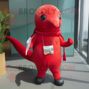 Red Narwhal mascot costume character dressed with a Trousers and Bracelets