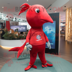 Red Narwhal mascot costume character dressed with a Trousers and Bracelets