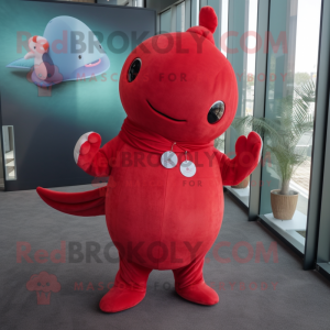 Red Narwhal mascot costume character dressed with a Trousers and Bracelets